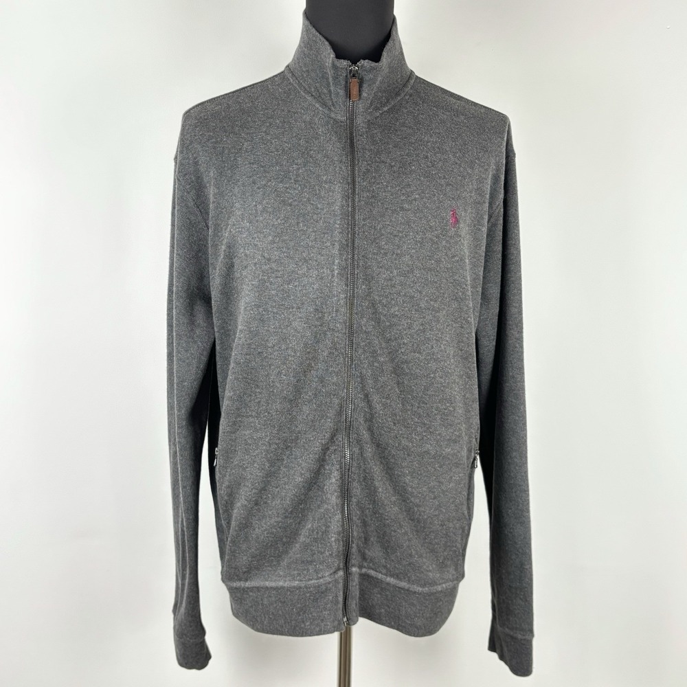 Polo Ralph Lauren Sweater Men XL Gray Cotton Full Zip Pockets Estate Rib Jacket